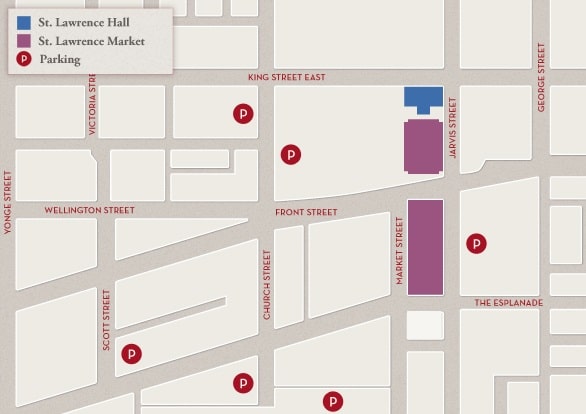 Map to the locations of the 3 St. Lawrence Markets - North, South, and the Hall.